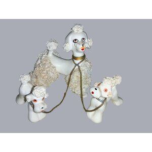 Spaghetti Trim White Poodle Dog and Puppies Figurine Japan